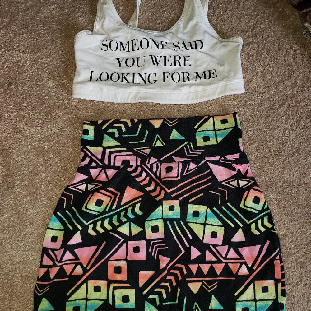 PINK skirt and sports bra outfit